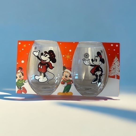 Disney Mickey Minnie Mouse Stemless Glasses Set of 2 NEW Buffalo Plaid - Picture 1 of 6